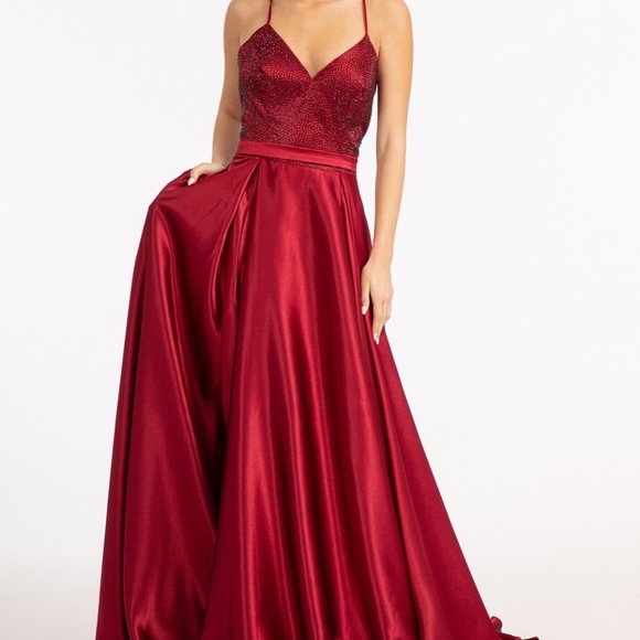 BURGUNDY  Rhinestone Bodice Lace-Up Back Satin Prom Dress w/ Waistband gl 3040 - Picture 1 of 5